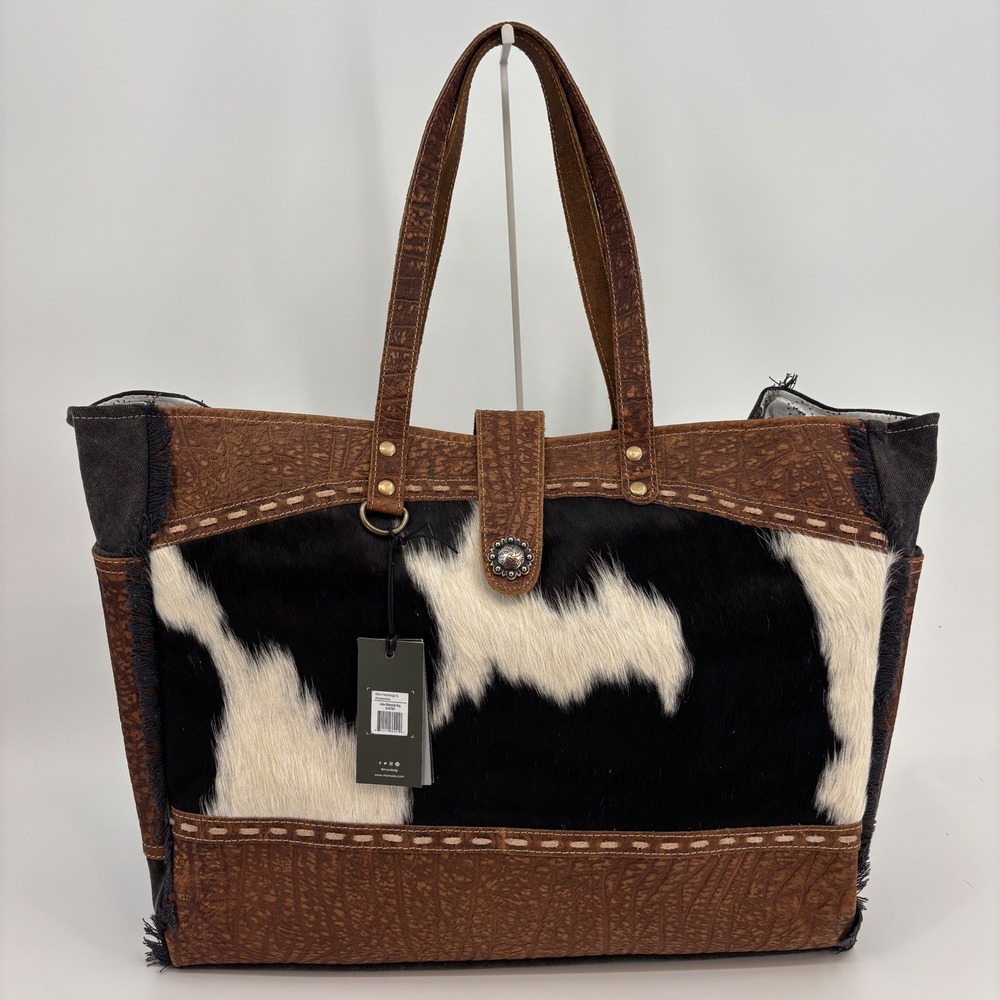 Myra Bag Asher Weekender Bag Women Large Brown Black Cowhide Canvas S-6780